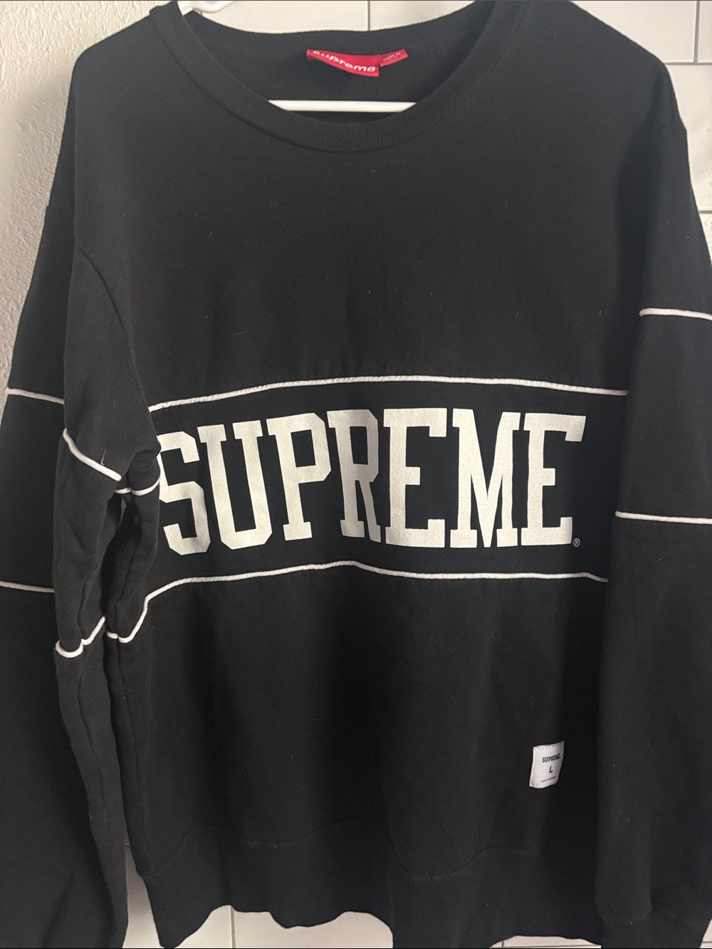 Supreme Black Crewneck with White Logo and Piping